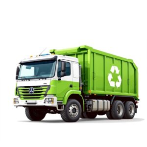 Green recycling garbage truck with Junkisremoved logo concept, symbolizing eco-friendly junk removal and waste management services.