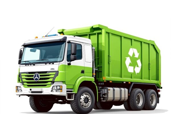 Green recycling garbage truck with Junkisremoved logo concept, symbolizing eco-friendly junk removal and waste management services.