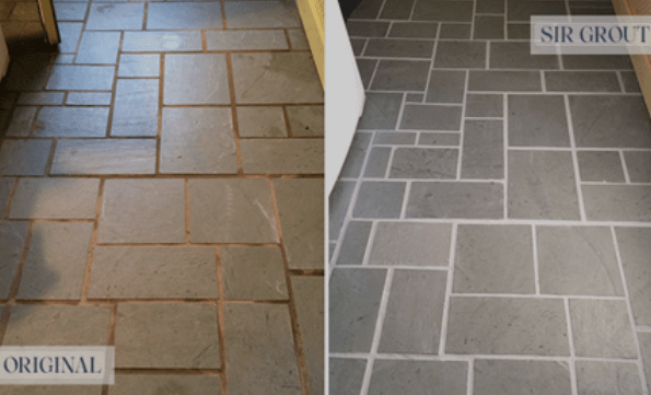 Freshly applied grout between bathroom tiles