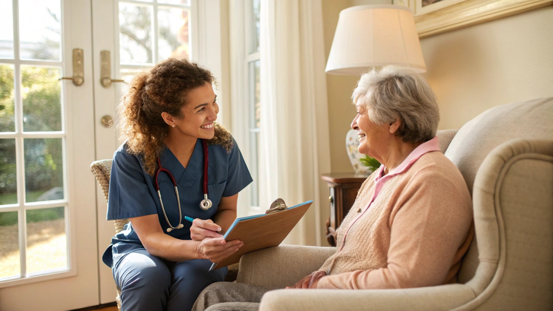 A smiling nurse in blue scrubs sits beside an elderly woman in a cozy living room, holding a clipboard and engaging in friendly conversation during a home care visit.