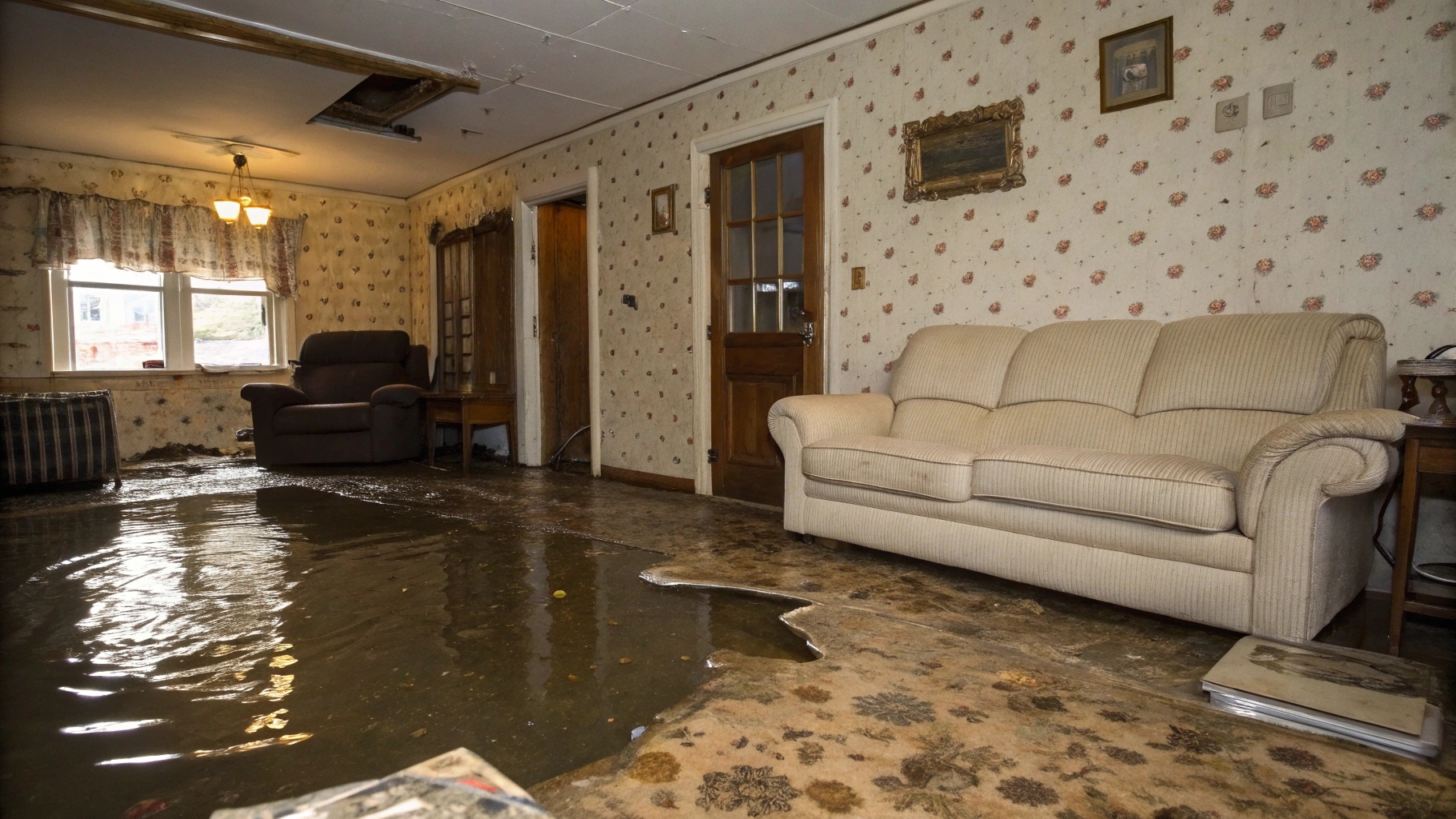 A living room with severe water damage. The floor is partially flooded, and dirty water covers the carpet. Furniture including a beige sofa, an armchair, and a small table are visible. The wallpaper is old and discolored, and part of the ceiling has collapsed, exposing a hole with water damage.