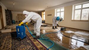 Two restoration specialists in full protective suits, gloves, and masks clean and extract standing water from a flooded room using professional drying and dehumidifying equipment.