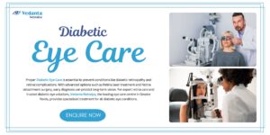 Diabetic eye care banner featuring ophthalmologists examining patients using advanced eye diagnostic equipment, with Vedanta Netralya branding.
