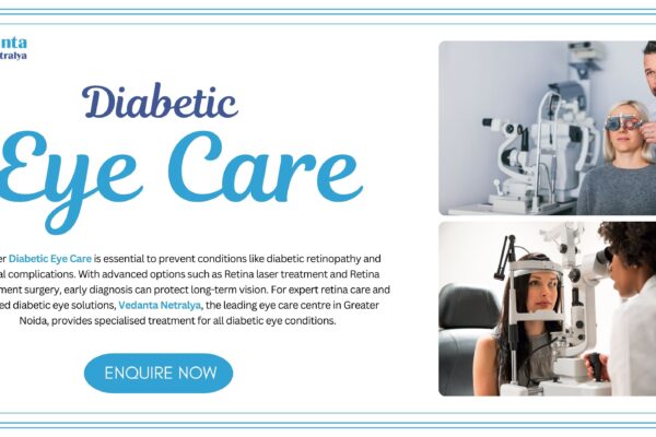 Diabetic eye care banner featuring ophthalmologists examining patients using advanced eye diagnostic equipment, with Vedanta Netralya branding.