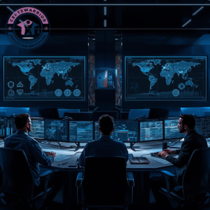 Multiple analysts in a modern monitoring room reviewing sanctions screening alerts.