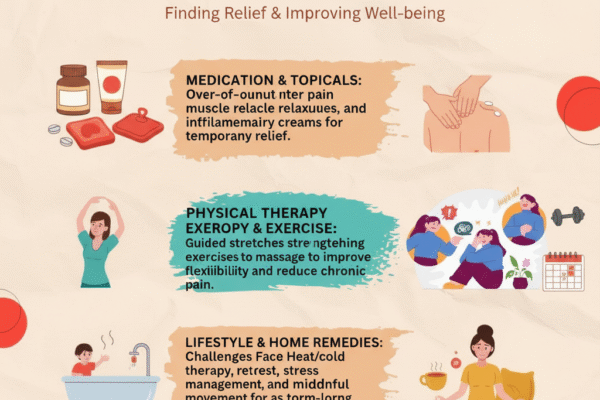 Infographic showing treatment options for muscle pain, including medications, physical therapy, exercise, and home remedies, with related illustrations.